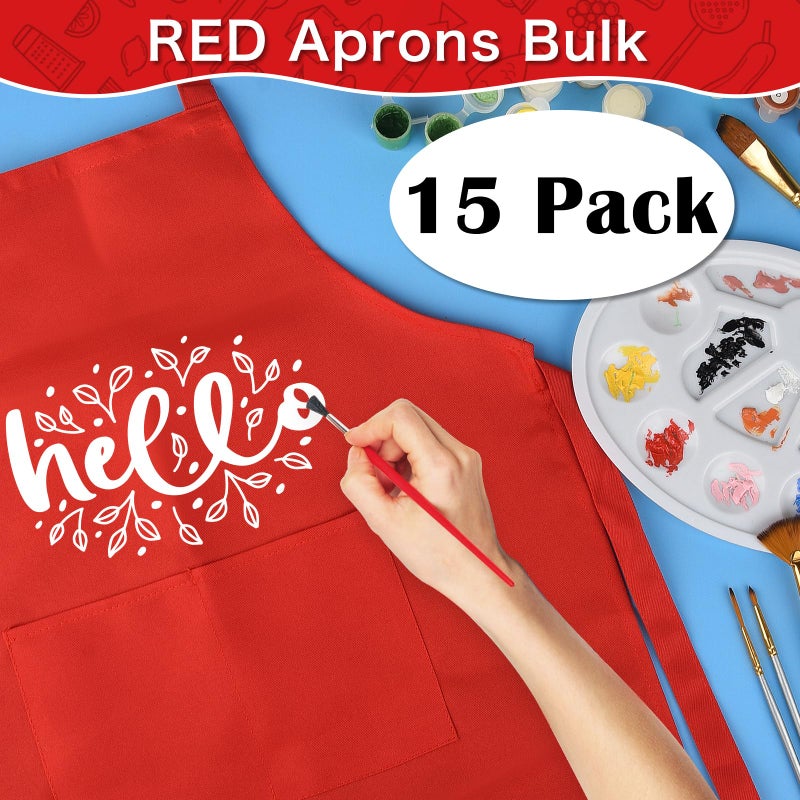 PLULON 4 Pcs Aprons for Kids Adjustable Kids Red Apron Bulk with Pocket Painting Aprons For Boys Girls Painting Cooking Baking (Red) - Image 3